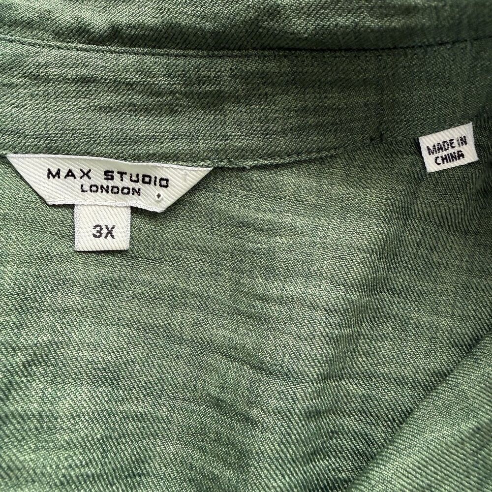 Max Studio London 3X Green Blouse Collared Roll Tab Sleeve Oversized Top - Picture 6 of 10
